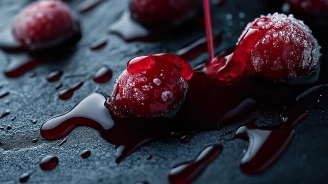Close up view of frozen cranberries with liquid on a dark surface