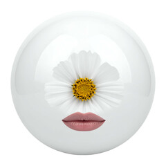 A white sphere with a daisy eye and soft lips. Surreal and minimalistic