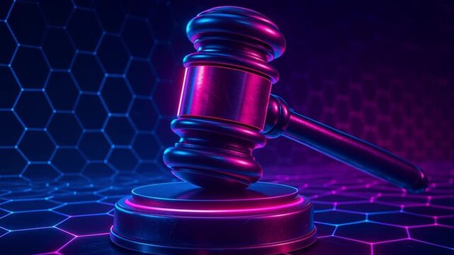 Digital law and cybersecurity concept featuring judge gavel in neon light on hexagonal pattern background, futuristic justice and online protection with glowing hexagon grid, modern legal protection