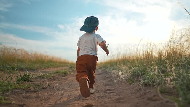 Boy running forward on outdoor path. Child in cap holding flower. Toddler moving through tall grass. Kid enjoying sunny day. Walking and running on sandy path in summer outdoor grass landscape.