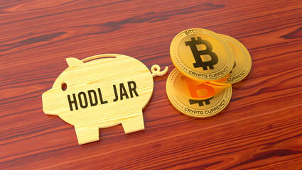 HODL Jar text banner. Wooden Piggy Bank and Bitcoin Coins Representing Modern Cryptocurrency Investment