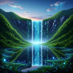 A breathtaking waterfall cascades into a serene pool, illuminated by ethereal lights, surrounded by lush green hills under a twilight sky, creating a magical landscape