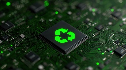 Electronic Waste concept with recycled circuit board and glowing eco symbol representing sustainable tech and e-waste recycling