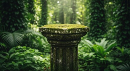 Obraz premium Moss-covered stone pedestal stands prominently, centered in a vibrant, sun-dappled, verdant green jungle