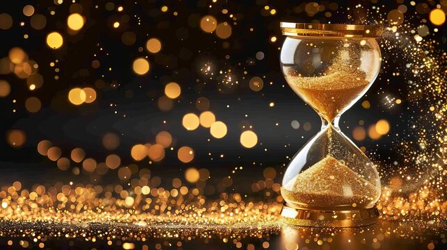 Radiant hourglass with cascading sand and dazzling bokeh light effects in the background