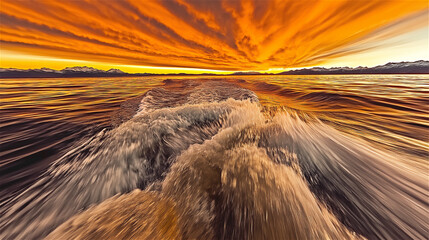 Dynamic ocean wave at sunset with dramatic orange sky radiating from horizon. Powerful seascape capturing motion and energy of water with vibrant warm colors.