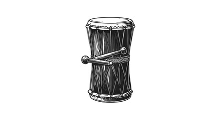 Traditional drum with sticks in detailed black and white sketch style
