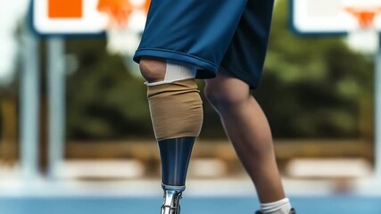 Close-up of person with prosthetic leg walking on court during sunset, highlighting resilience and strength in athletic pursuit - Powered by Adobe