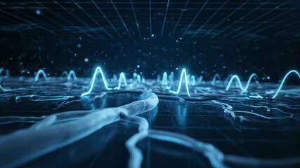 Dynamic digital network visualization with flowing blue data streams, representing advanced technological processing and abstract information pathways - Powered by Adobe