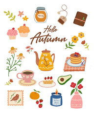 Hello Autumn Hand Drawn Food and Drink Cozy Hygge Flat Lay Illustration Stickers Set