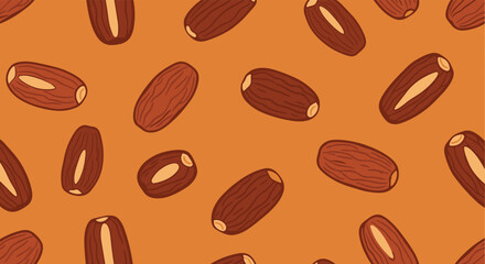 Obraz premium An abstract background pattern featuring many dried dates scattered across a warm orange surface.