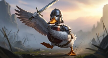 Armored duck charges forward, sword raised, in a fantasy setting, wings spread, ready for battle