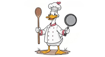 Cartoon duck chef with a toque, holding a spoon and frying pan, standing on grass, white background
