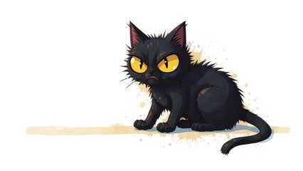 Cartoon illustration of a grumpy, black cat with glowing yellow eyes and a tense posture