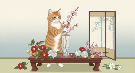 Cat arranging flowers in a vase, with a screen in the background, floral table