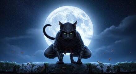 A black cat ninja crouches on a stone wall under a full moon, eyes glowing, against a night sky