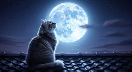 A fluffy cat gazes upwards at a brilliant, full moon on a tiled rooftop under a starry sky