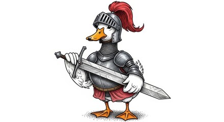 A gallant duck, clad in shining armor and helmet with plume, holding a broadsword