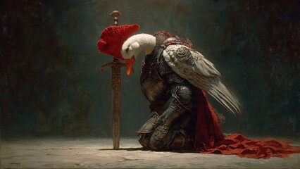 A goose knight kneels, head bowed, beside a sword with a red poppy atop, wearing armor