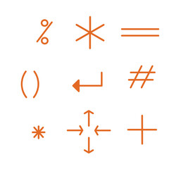 Doodle icon sign set mathematic and computer symbol  illustration with orange colorful color that can be use for social media, sticker, wallpaper, decoration, card, e.tc..