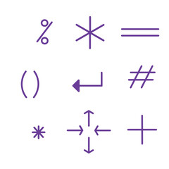Doodle icon sign set mathematic and computer symbol  illustration with  purple colorful color that can be use for social media, sticker, wallpaper, decoration, card, e.tc..