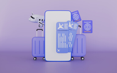 Smartphone with ticket, Travel with airplane, Luggage and passports