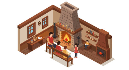 Fototapeta premium Cozy family gathering around fireplace in isometric living room interior