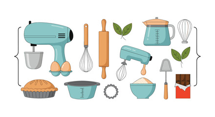 Collection of baking utensils and ingredients for making delicious desserts and pastries.