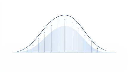 A smooth curve representing a normal distribution, with vertical lines indicating standard deviations and data points plotted along the curve