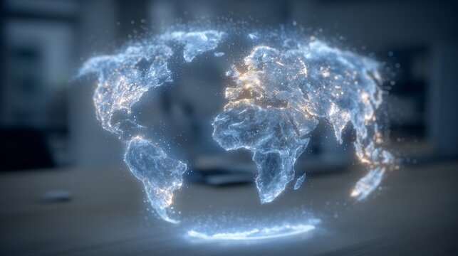 A glowing, abstract world map hovers, made of particles, suggesting global connectivity and technology.