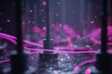 Illuminated antenna bases surrounded by shimmering glitch particles in vibrant ultraviolet hues