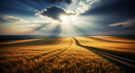 Golden wheat field with sunbeams and dirt road golden hour