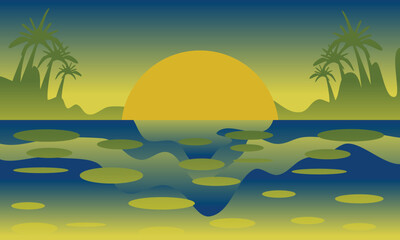 Vibrant Water Hyacinths Floating on Serene Lake, Nature Scenery Illustration