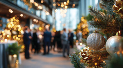 Blurred shot of business people at Christmas holiday party in office center 