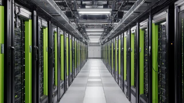 Medium shot of renewable energypowered server racks in a stateoftheart data center illustrating commitment to carbon footprint reduction.