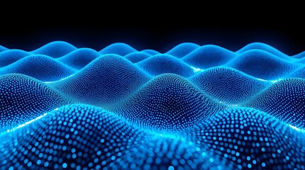 A glowing grid of blue particles forms smooth, undulating waves across a dark background, symbolizing data flow, quantum fields, and futuristic digital landscapes filled with depth and motion