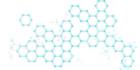 Hexagonal network with connected nodes and branching links. Molecular or data structure graphic for science, tech or innovation.