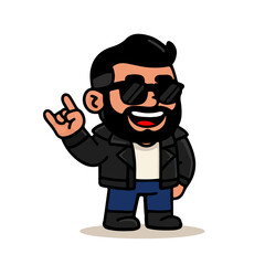 Cool biker man cartoon illustration. Bearded man with sunglasses showing rock hand gesture and smiling confidently.