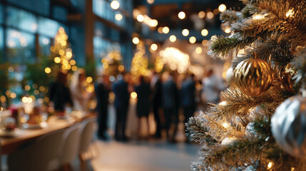 Blurred shot of business people at Christmas holiday party in office center 