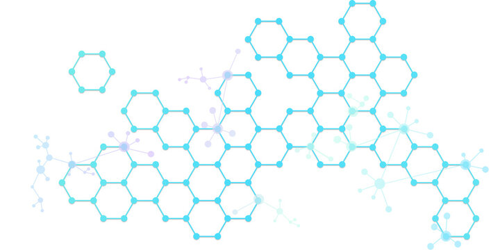 Hexagonal network with connected nodes and branching links. Molecular or data structure graphic for science, tech or innovation.
