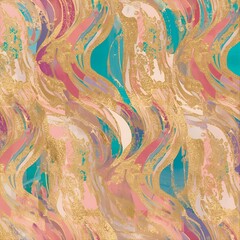 Seamless pattern of digital gold foil waves blended with pastel pink blue purple and cream hues accented with rose gold and turquoise glitter
