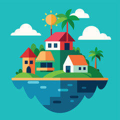 Naklejka premium digital-vector---tropical-island-with-houses-built.eps