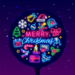 Naklejka premium Merry Christmas. Winter party neon street billboard. Vertical poster. Season event. Vector stock illustration