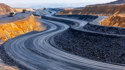 Open pit gold mine viewed from above with spiral road and trucks hauling material.
