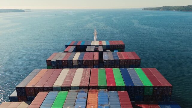 Aerial view Captures A Busy Maritime Scene As A Cargo Ship Moves Out Of Halifax. High-Speed Movement Symbolizes Canada International Freight And Trade Efficiency.