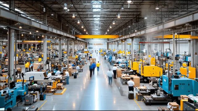 Industrial facility showcasing workers and machinery in action, emphasizing productivity and collaboration