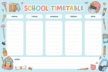 School timetable page, class schedule chart decorated with doodles, stationery cartoon elements. Good for planners, prints, banners, etc. EPS 10