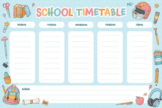 School timetable page, class schedule chart decorated with doodles, stationery cartoon elements. Good for planners, prints, banners, etc. EPS 10