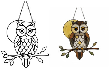 Owl Stained Glass Suncatcher – Brown Owl on Branch with Moon Window Hanging
