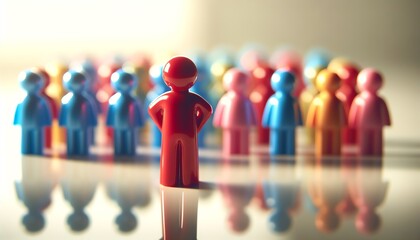 An image featuring a glossy red plastic figurine standing prominently in the foreground, representing leadership or individuality